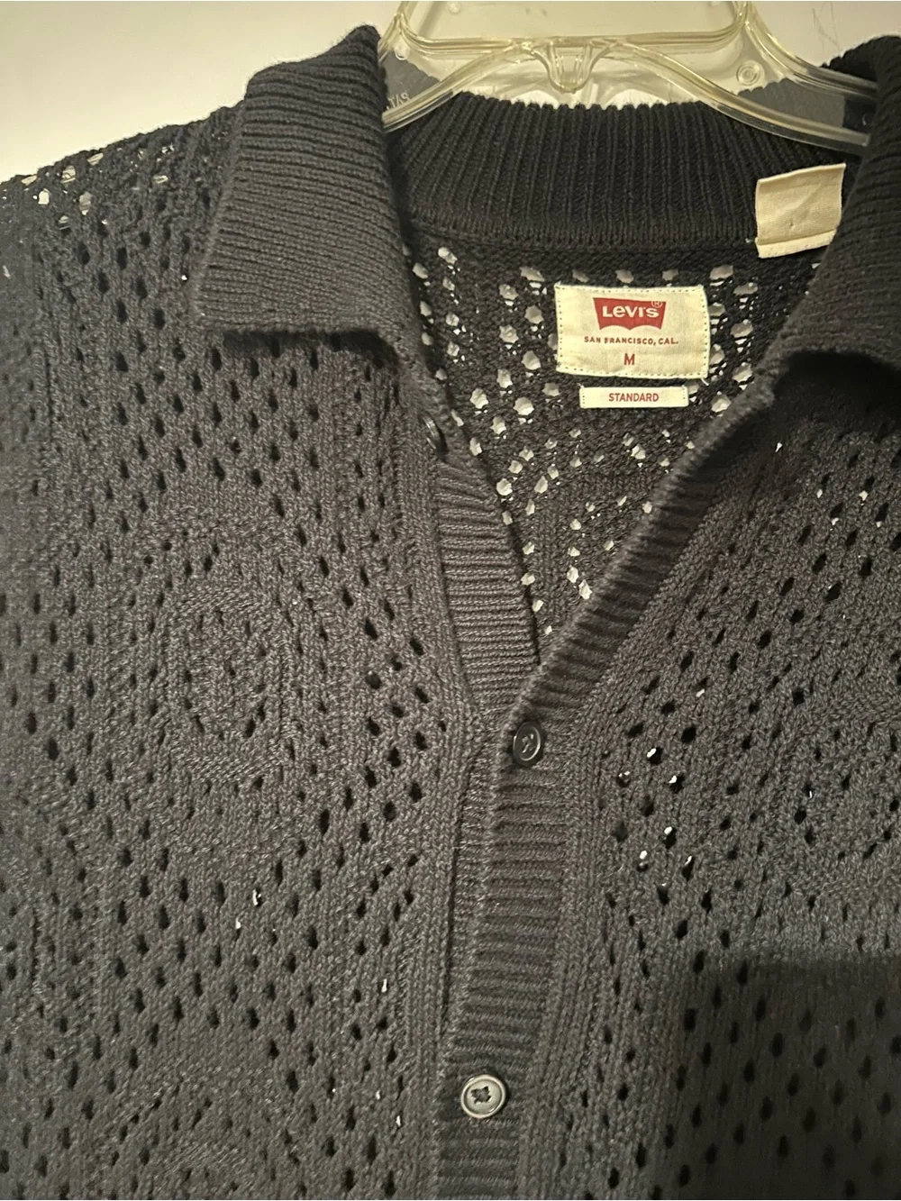 Levi’s Men’s Black Crochet Open-Knit Button-Up Shirt – Size M.
